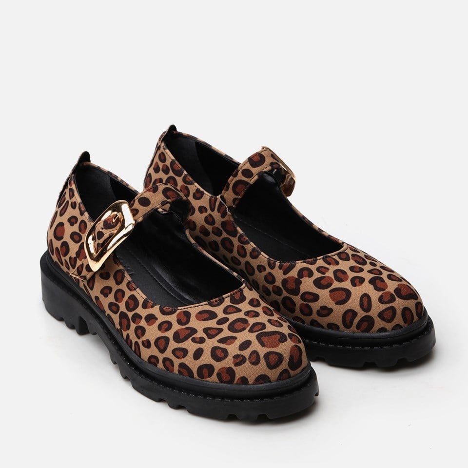 Kadın Taba Mary Jane Leopar Ayakkabı