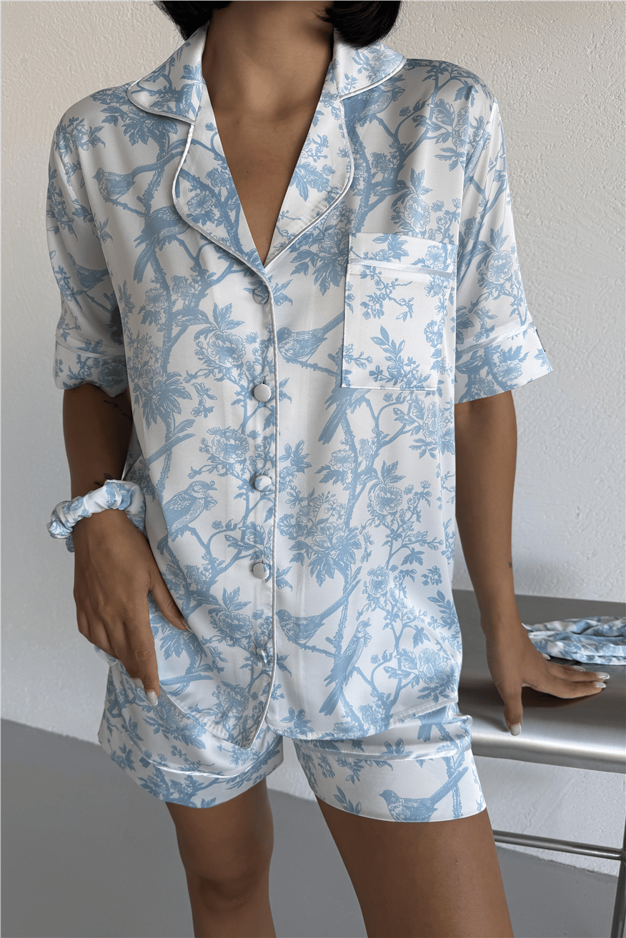 Alberi Blu Saten Kısa Pijama Takımı