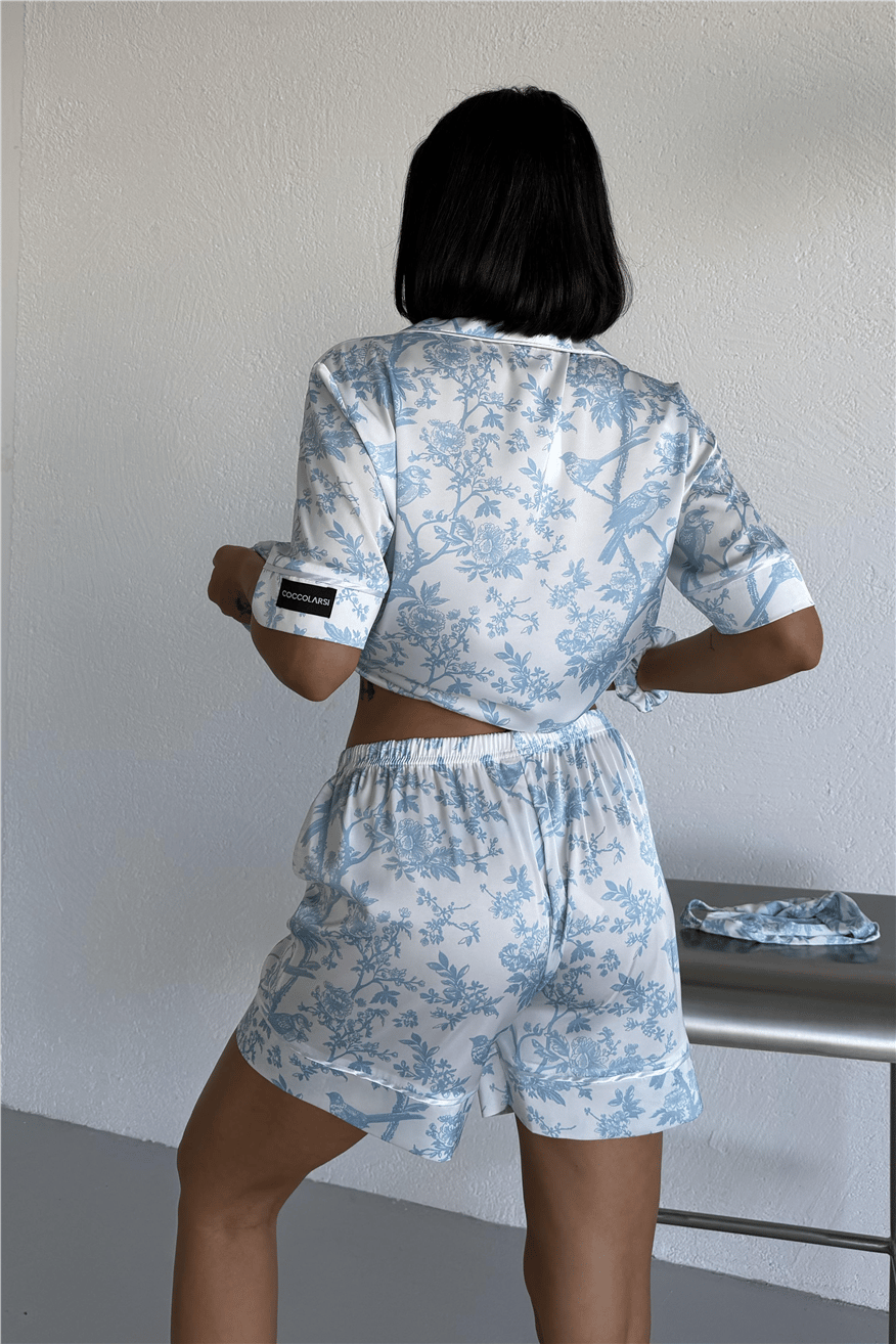 Alberi Blu Saten Kısa Pijama Takımı