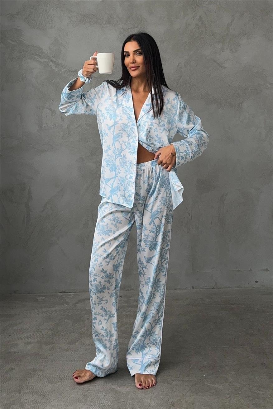 Alberi Blu Saten Uzun Pijama Takımı