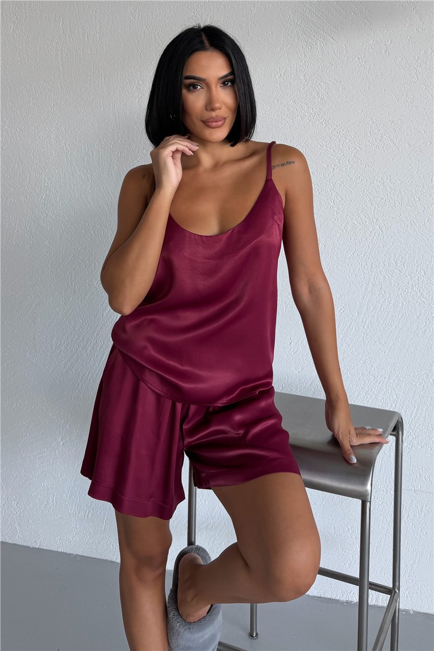 Bordo Floş Saten Askılı Şortlu Pijama Takımı