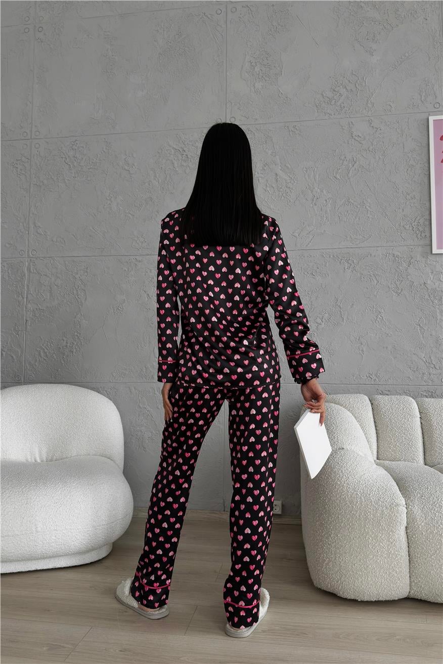 Cuore Nero Gömlek Yaka Saten Uzun Pijama Takımı