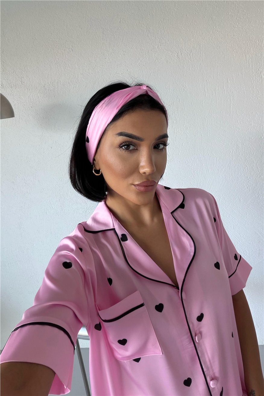 Cuori Neri Rosa Saten Kısa Pijama Takımı