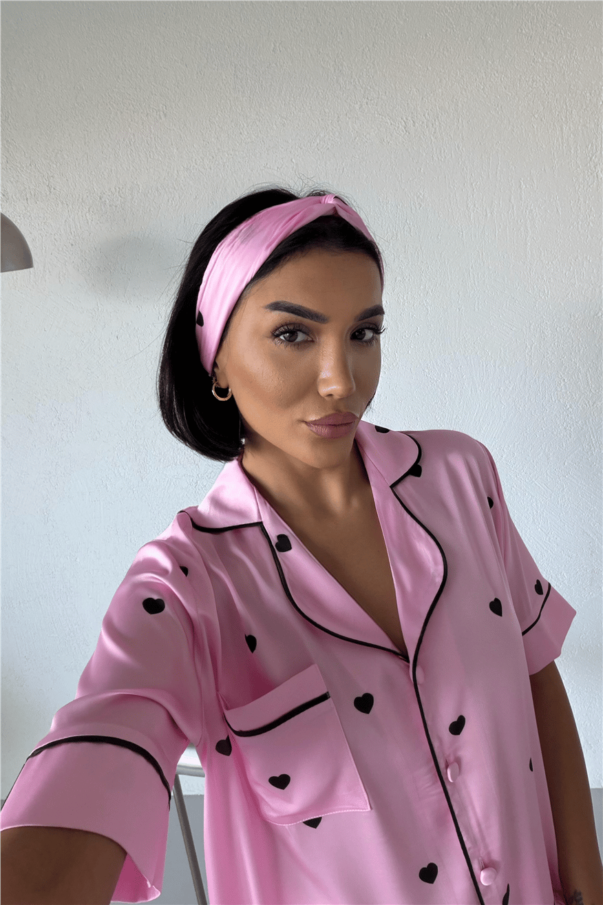 Cuori Neri Rosa Saten Kısa Pijama Takımı