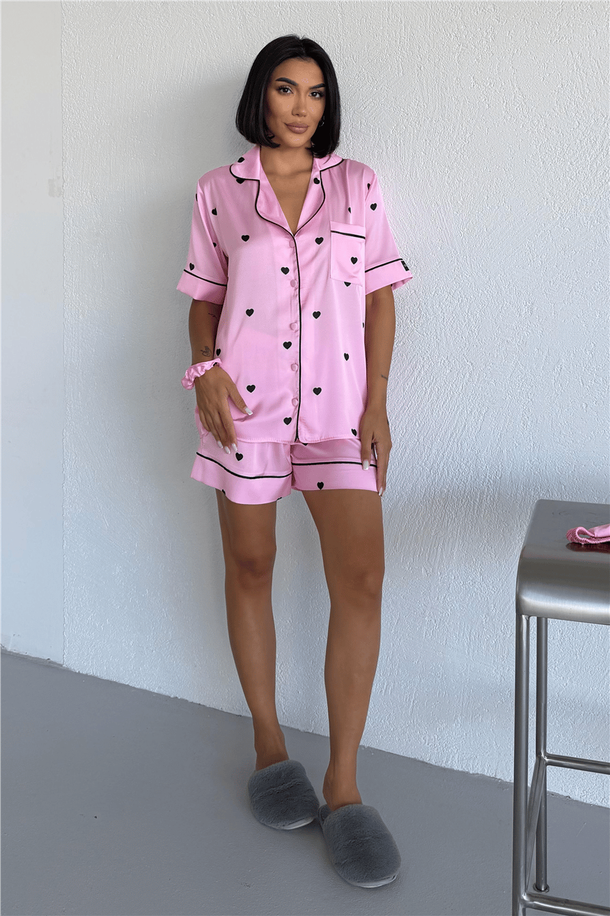 Cuori Neri Rosa Saten Kısa Pijama Takımı