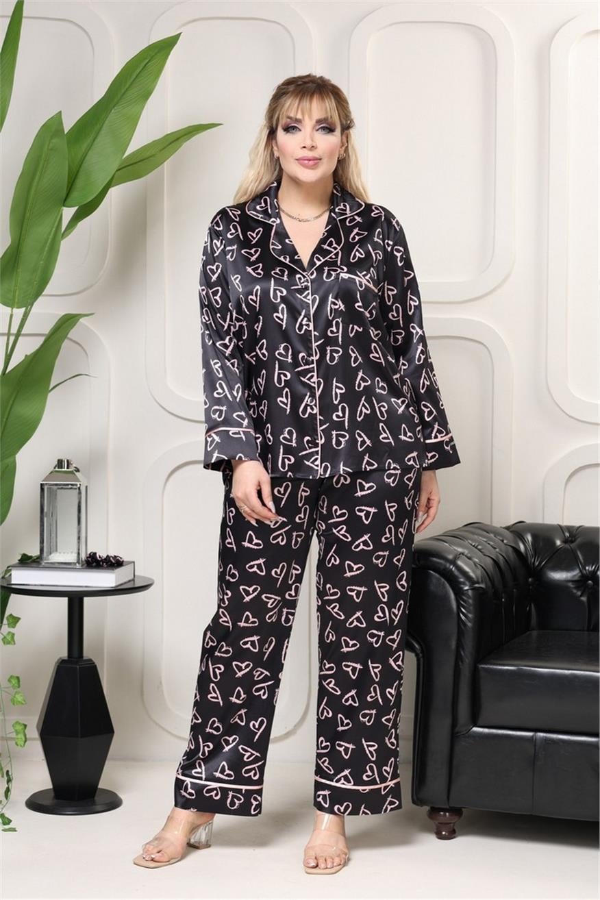 Cuori Trapezoidali Rosa Saten Uzun Pijama Takımı (Geniş Beden Aralığı)