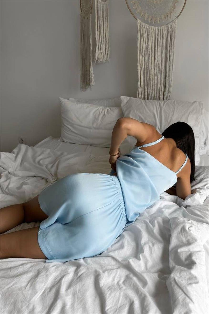 Düz Bebe Mavi Askılı ve Şortlu Floş Saten Pijama Takımı