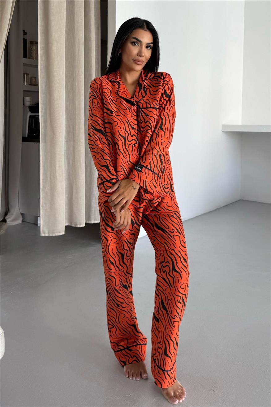 Eleganza Selvaggia Turuncu Uzun Pijama Takımı