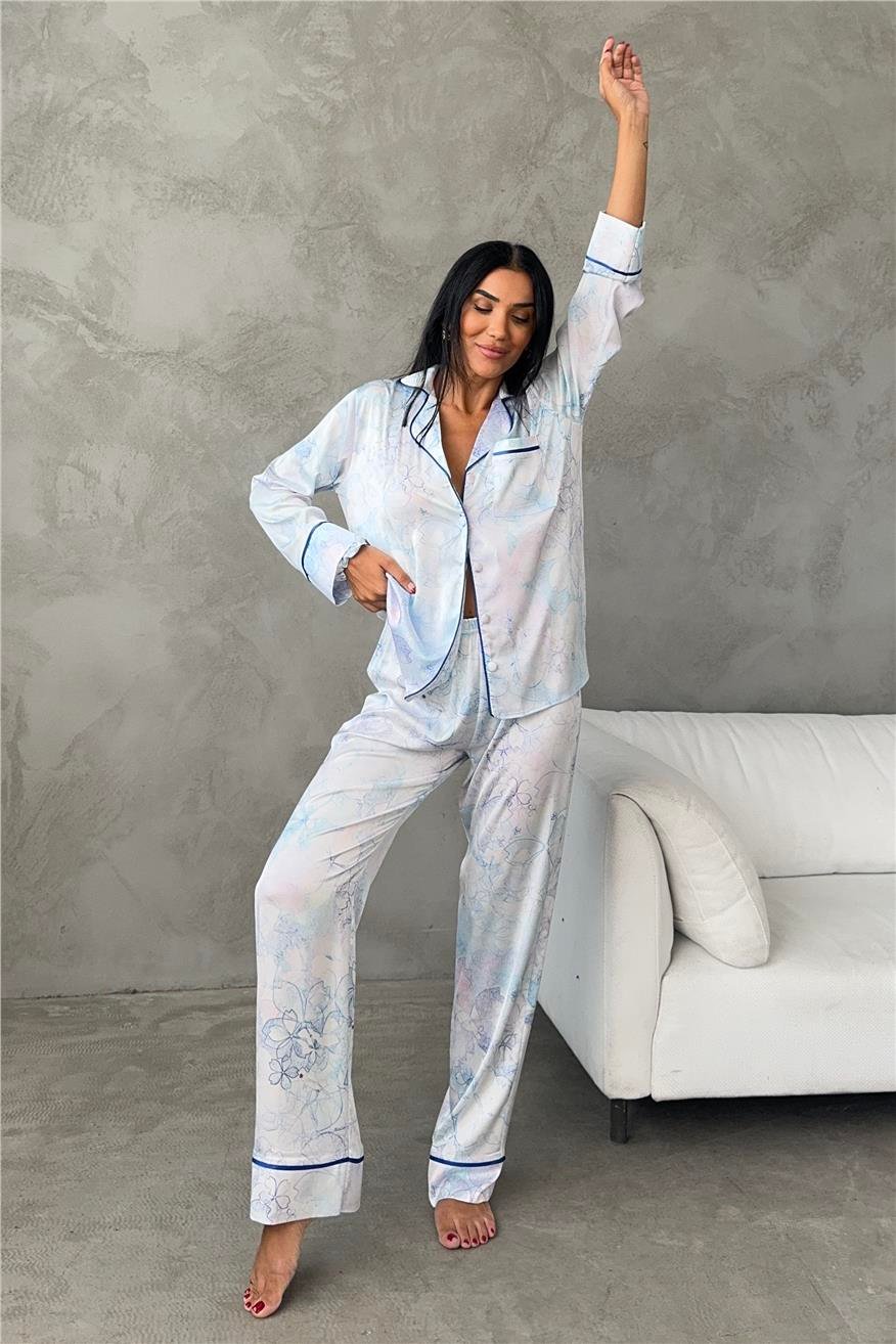 Elika Morbido Blu Saten Uzun Pijama Takımı