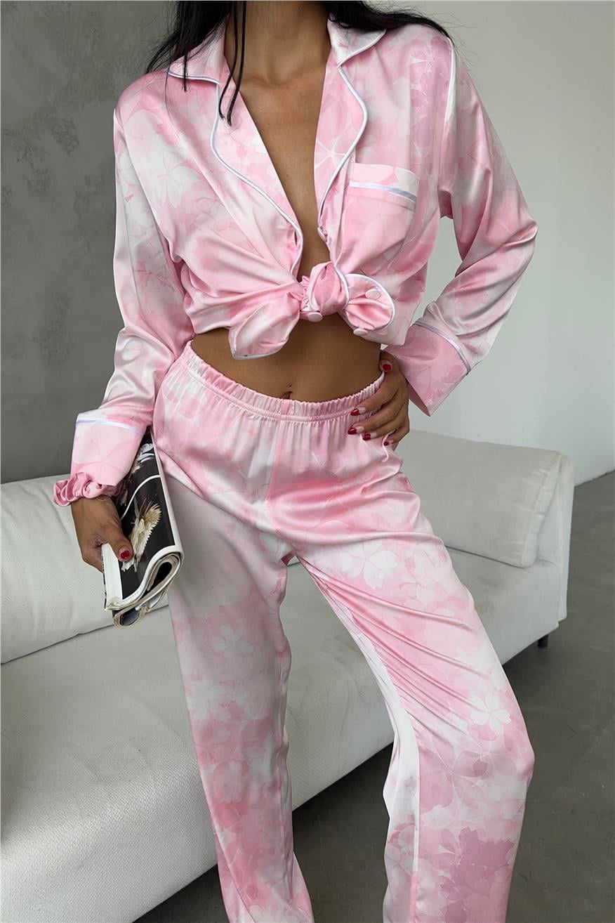 Elika Morbido Rosa Saten Uzun Pijama Takımı