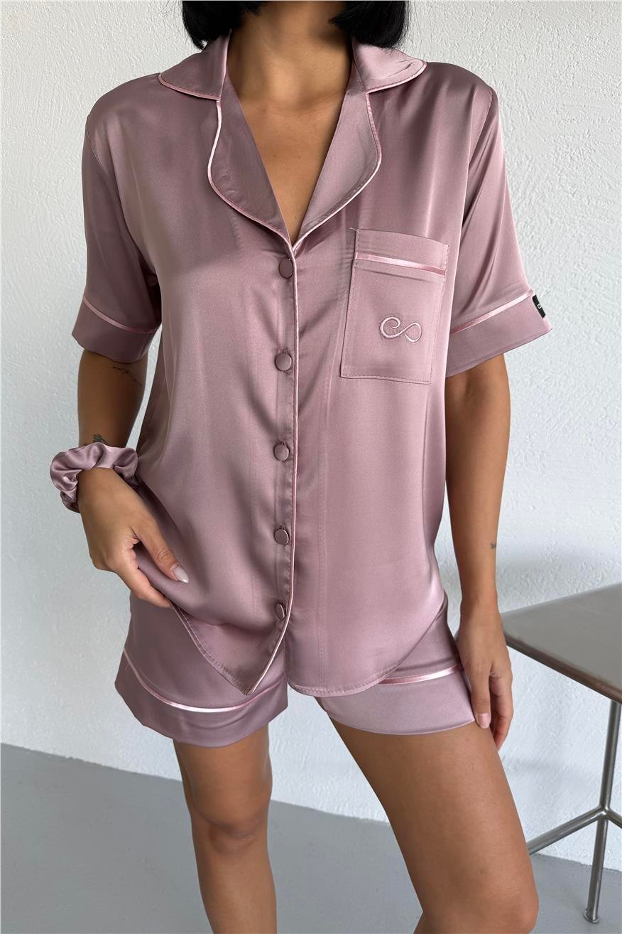 Essenza Notte Gül Kurusu Saten Kısa Pijama Takımı