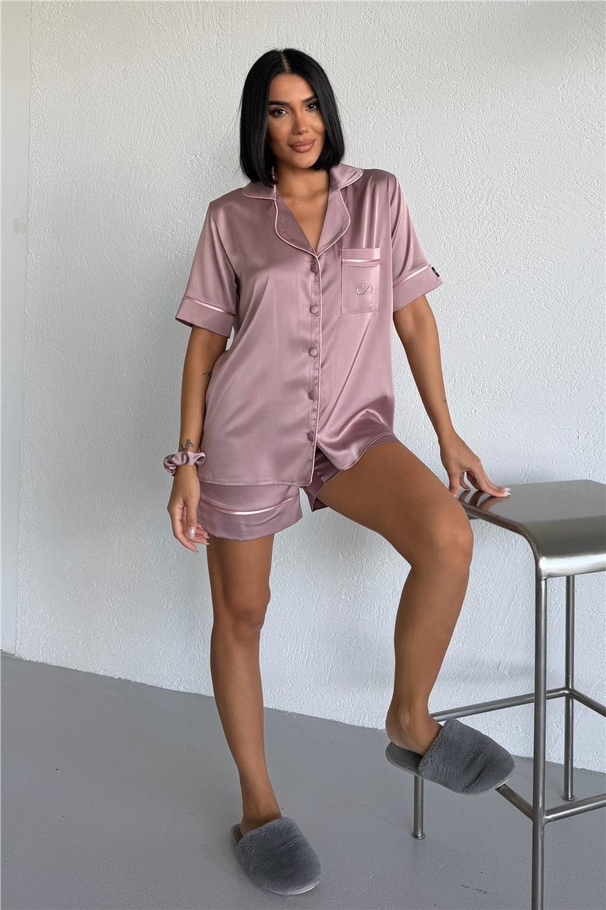 Essenza Notte Gül Kurusu Saten Kısa Pijama Takımı