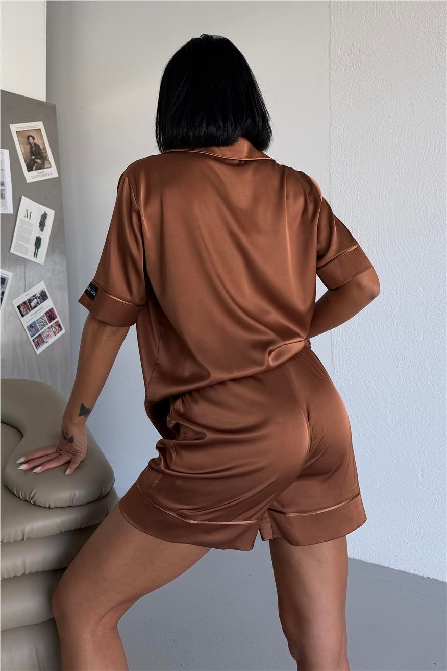 Essenza Notte Kahverengi Saten Kısa Pijama Takımı
