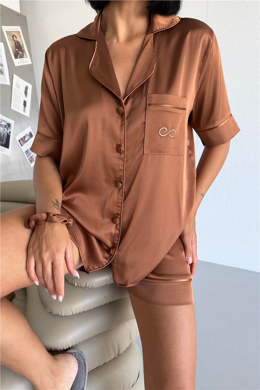 Essenza Notte Kahverengi Saten Kısa Pijama Takımı