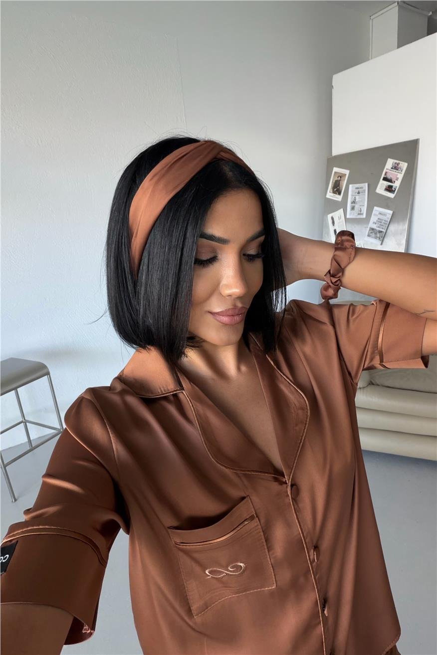 Essenza Notte Kahverengi Saten Kısa Pijama Takımı