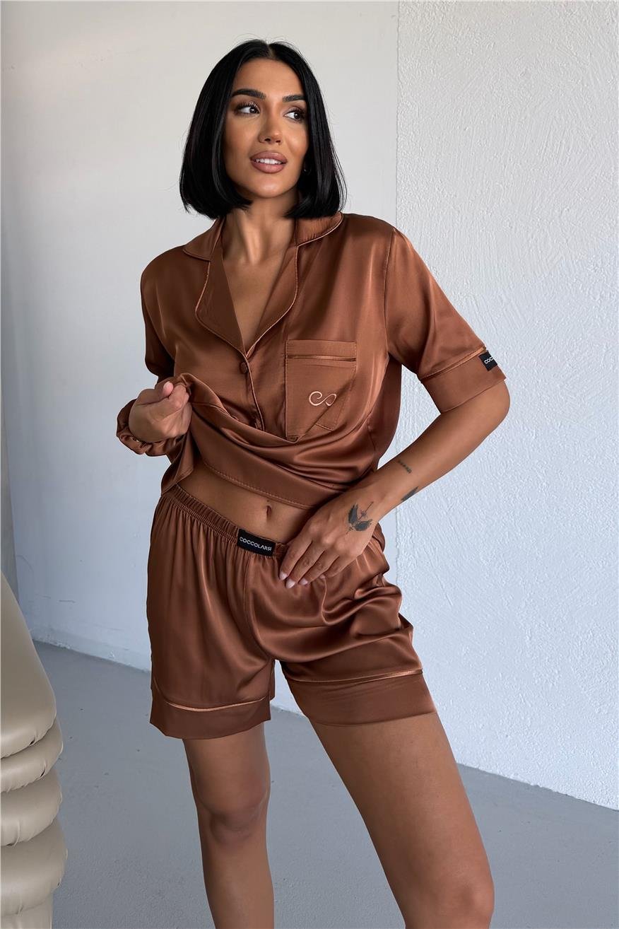 Essenza Notte Kahverengi Saten Kısa Pijama Takımı