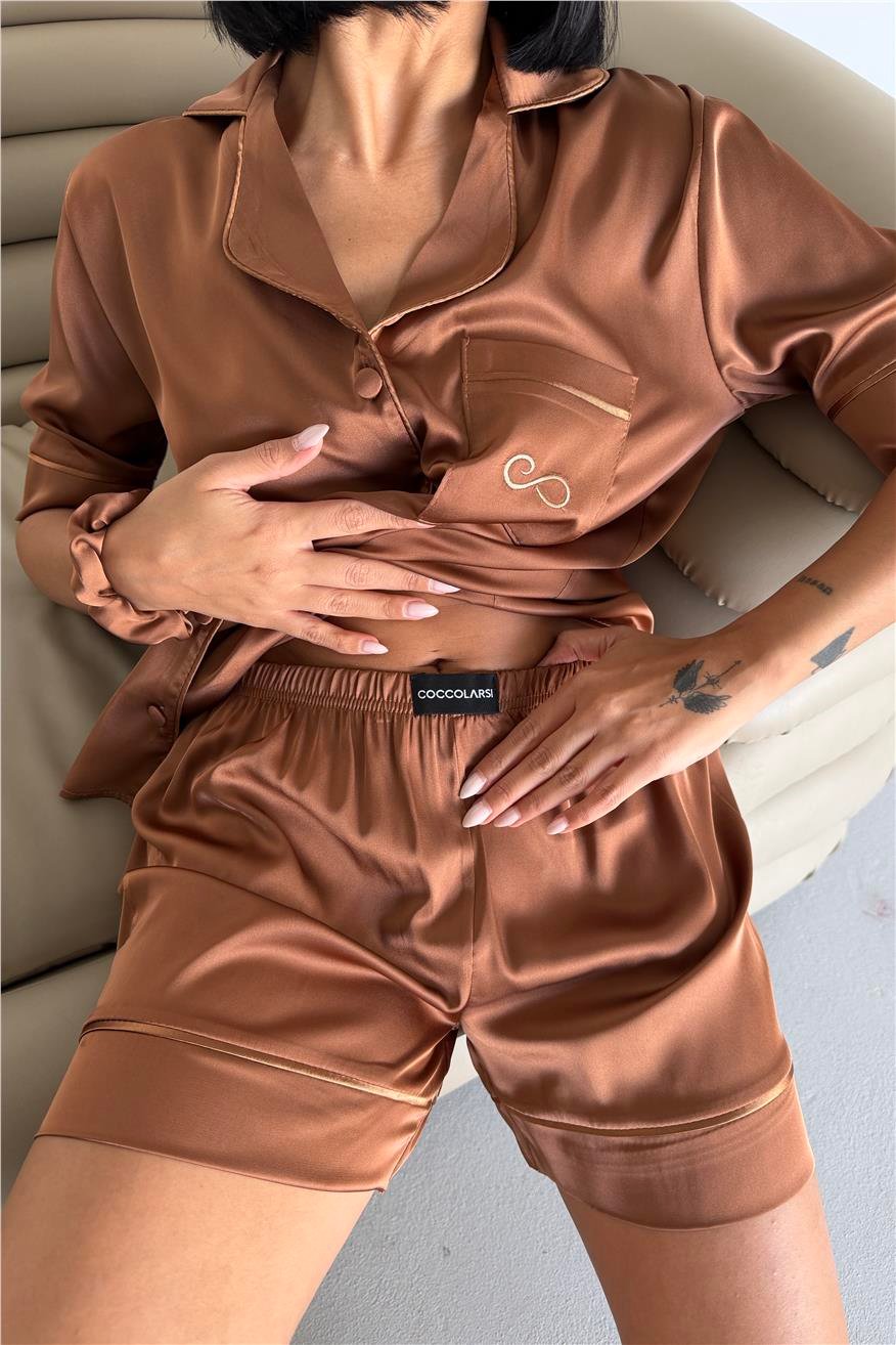 Essenza Notte Kahverengi Saten Kısa Pijama Takımı