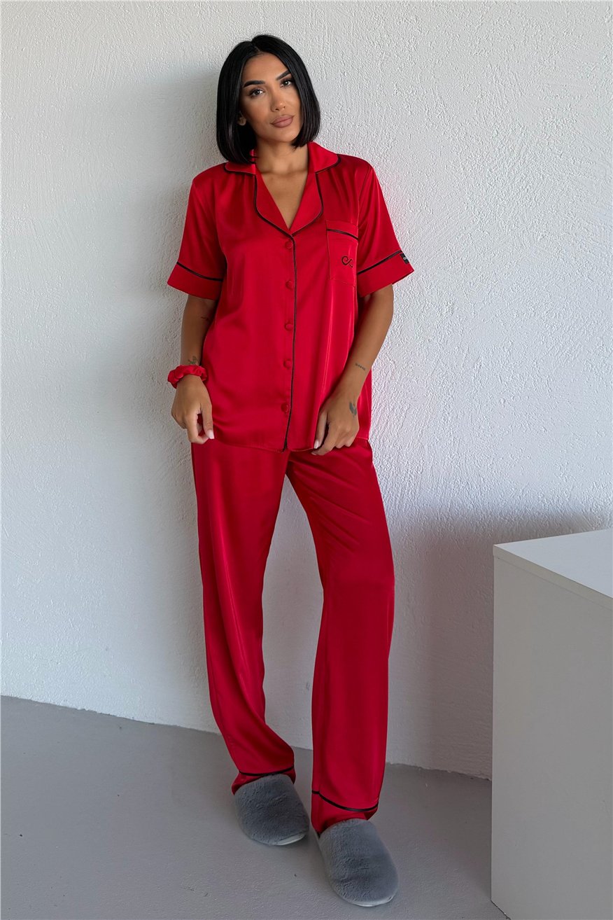 Essenza Notte Kırmızı Saten Kısa Kol Pantolon Pijama Takımı