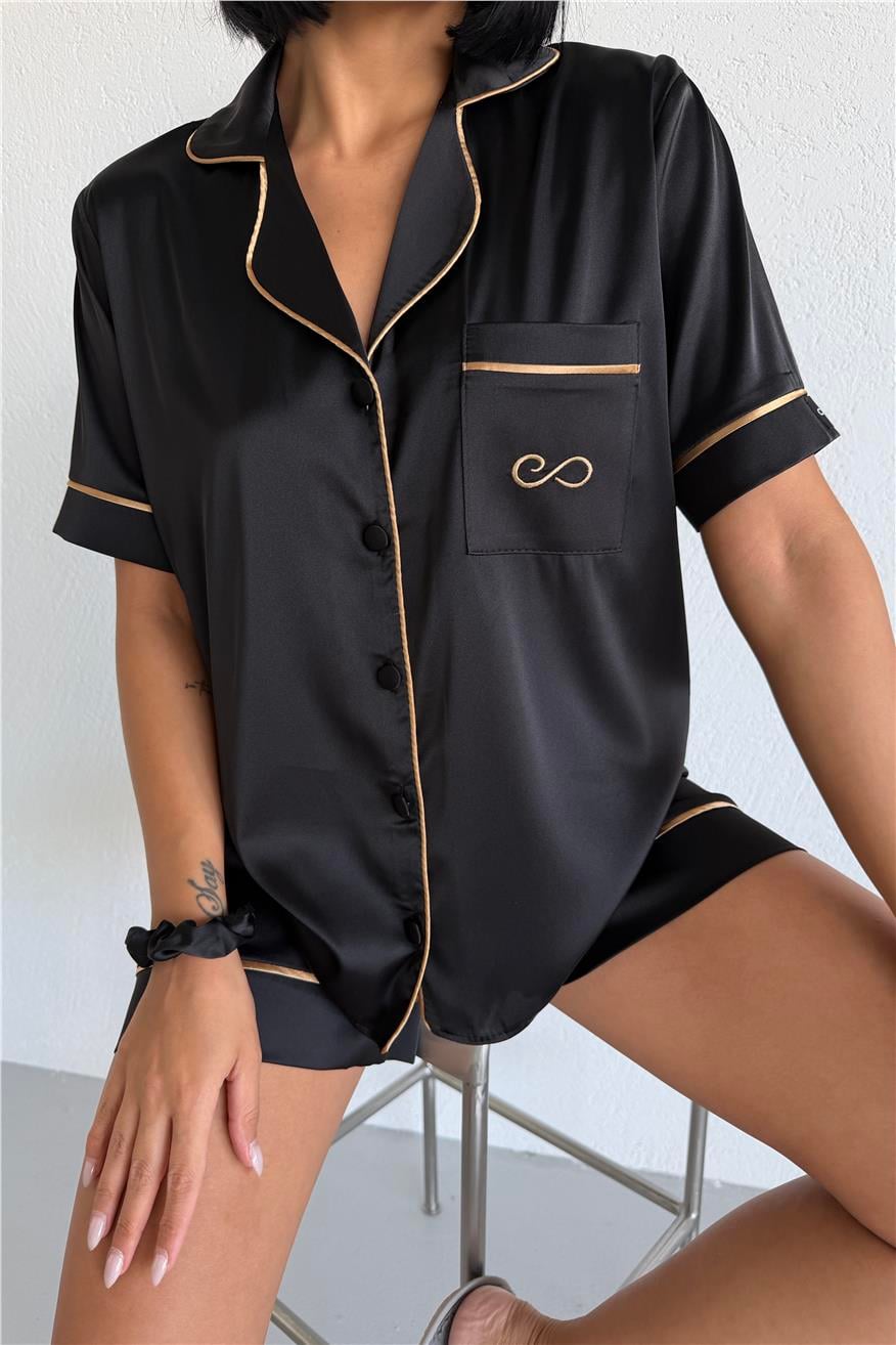 Essenza Notte Siyah Saten Kısa Pijama Takımı