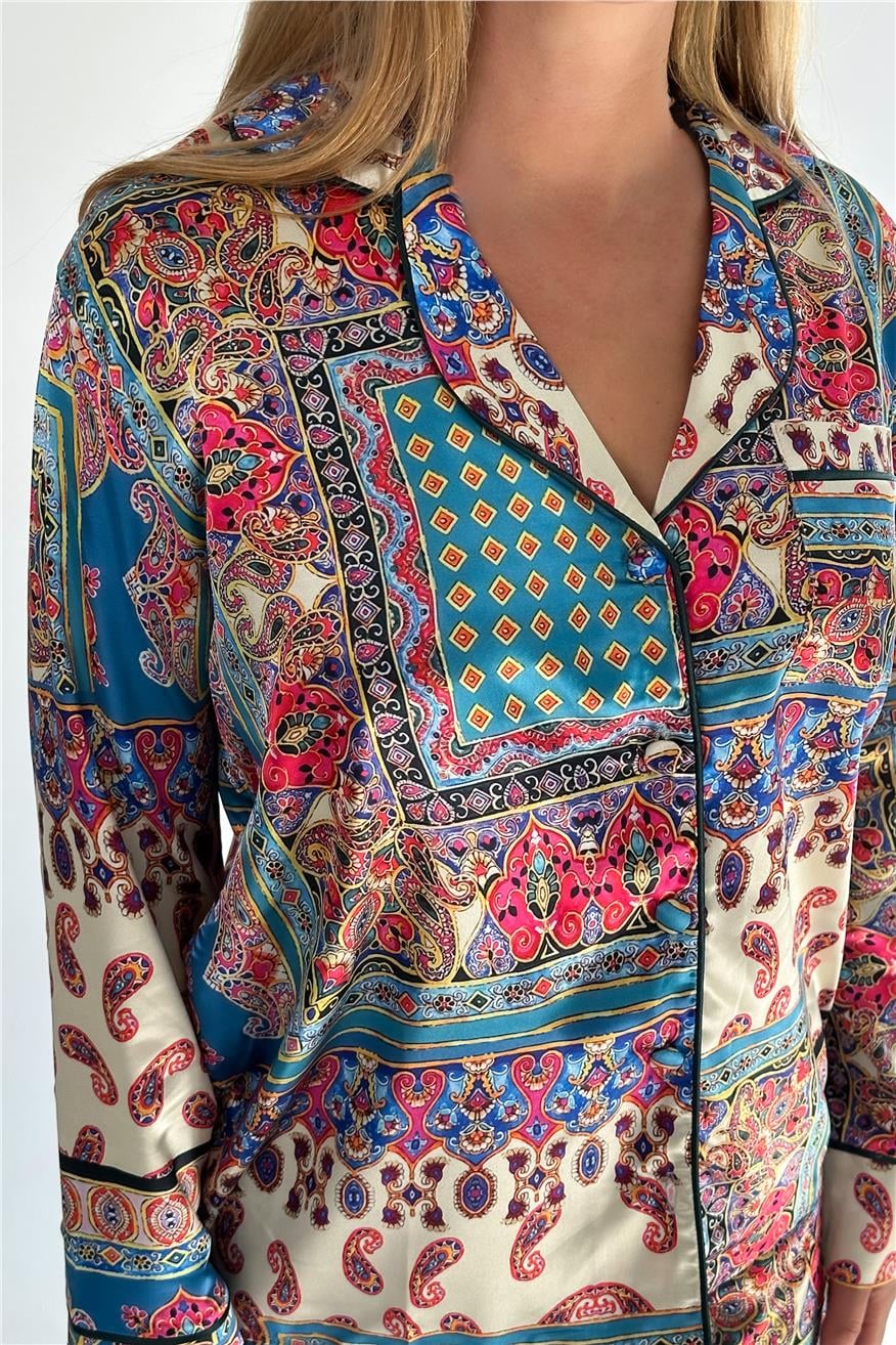 Etnik Motifler Desen Saten Uzun Pijama Takımı