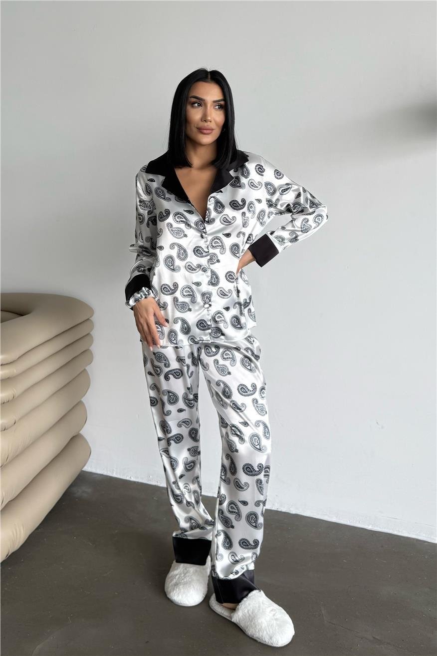 Etnik Virgül Desen Saten Uzun Pijama Takımı