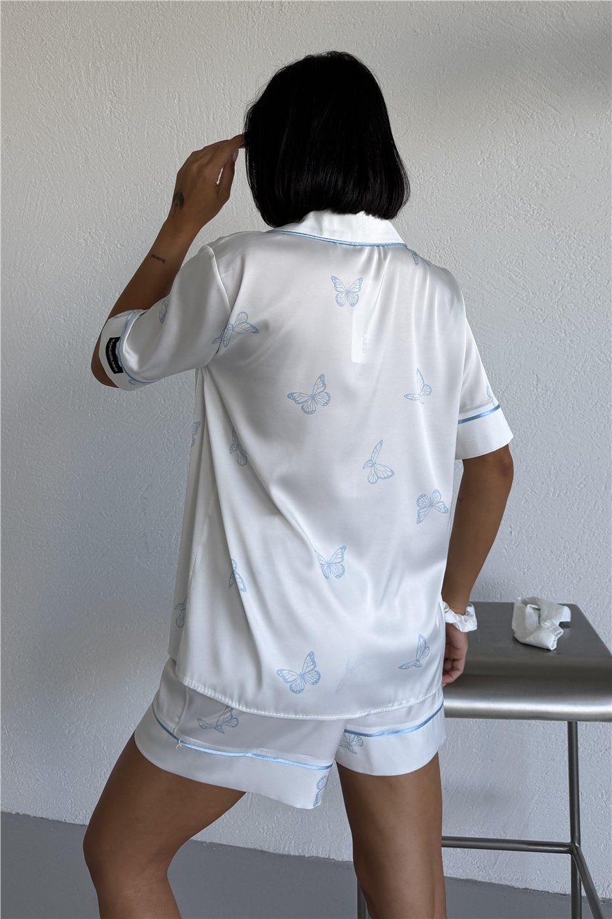 Farfalle Blu Saten Kısa Pijama Takımı