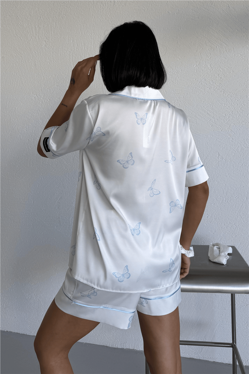 Farfalle Blu Saten Kısa Pijama Takımı