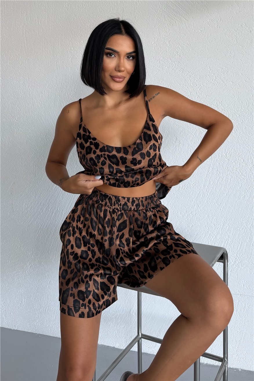 Fascino Del Leopardo Floş Saten Askılı Şortlu Pijama Takımı