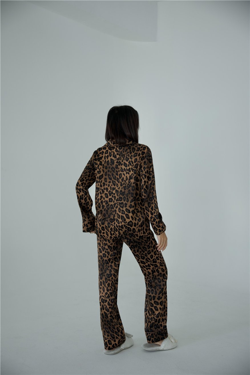 Fascino Del Leopardo Floş Saten Uzun Pijama Takımı