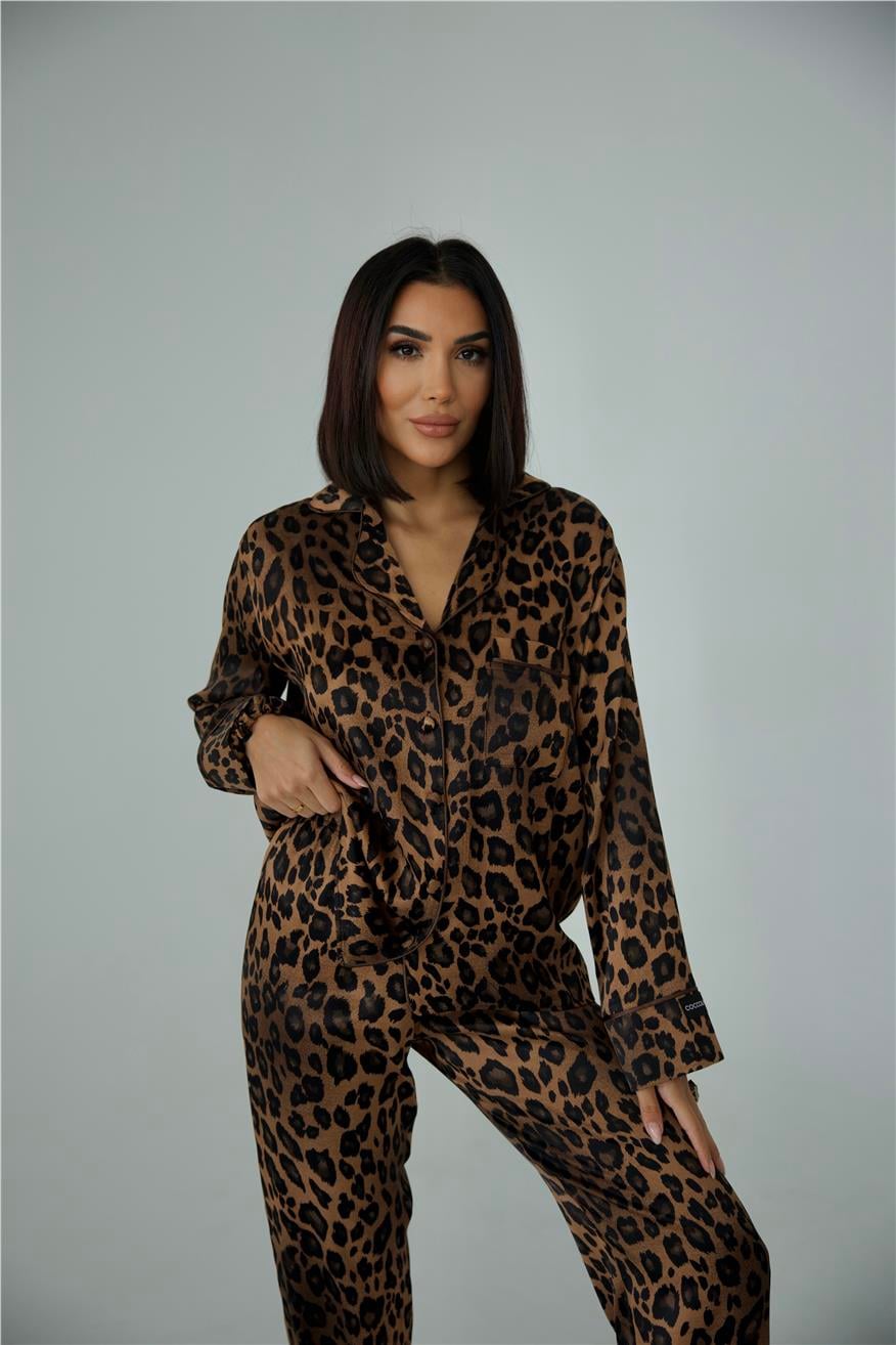 Fascino Del Leopardo Floş Saten Uzun Pijama Takımı