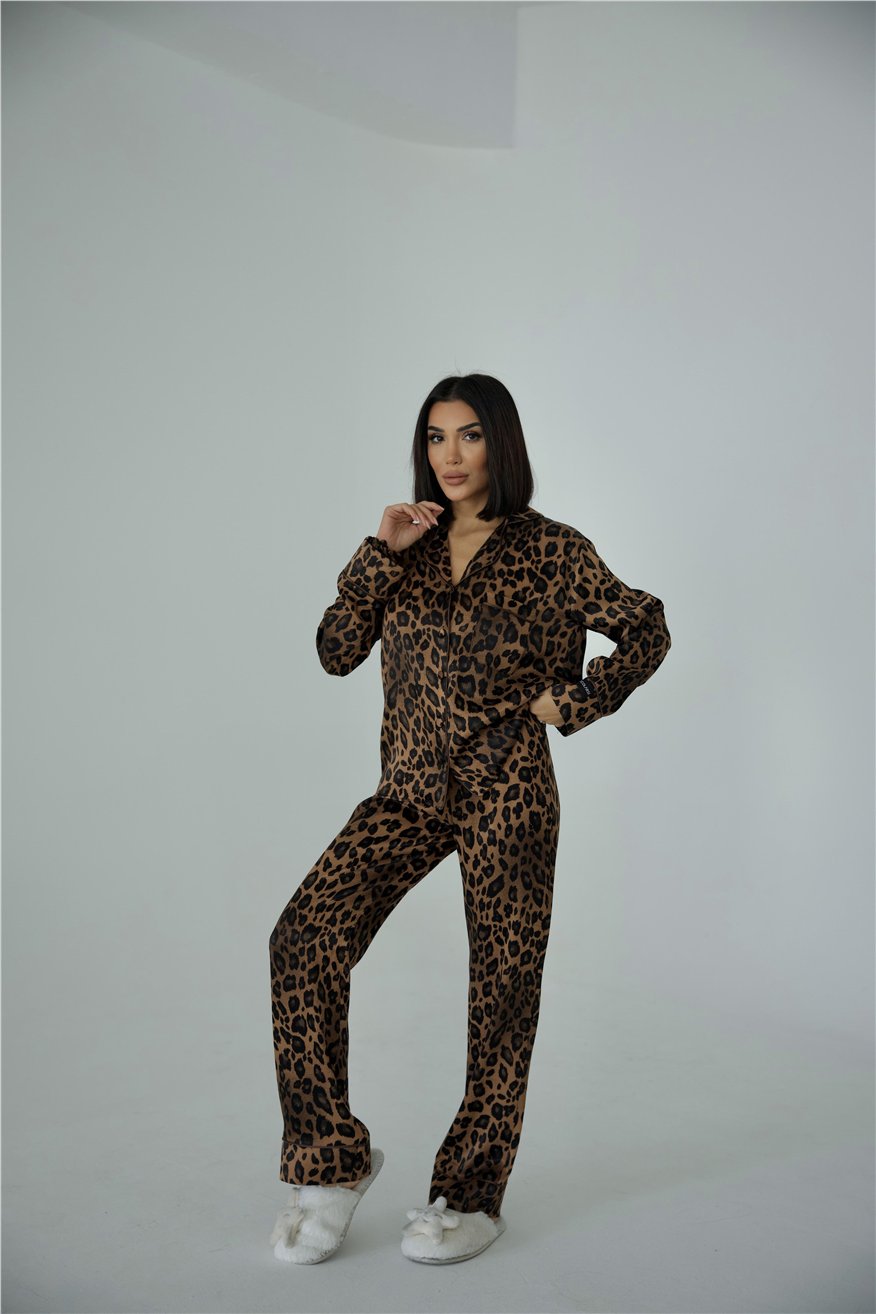 Fascino Del Leopardo Floş Saten Uzun Pijama Takımı