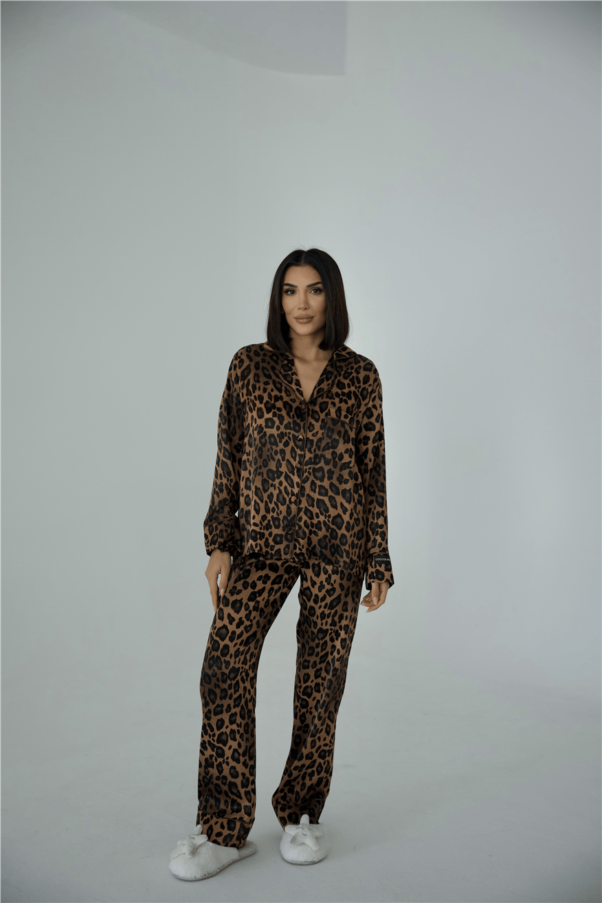Fascino Del Leopardo Floş Saten Uzun Pijama Takımı