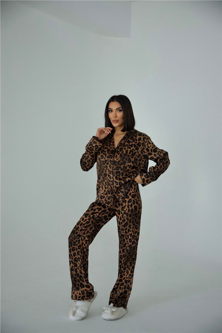 Fascino Del Leopardo Floş Saten Uzun Pijama Takımı