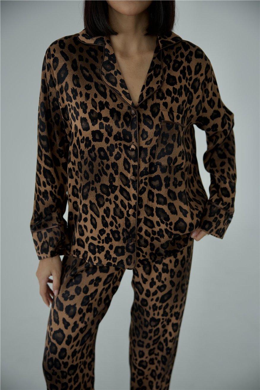 Fascino Del Leopardo Floş Saten Uzun Pijama Takımı