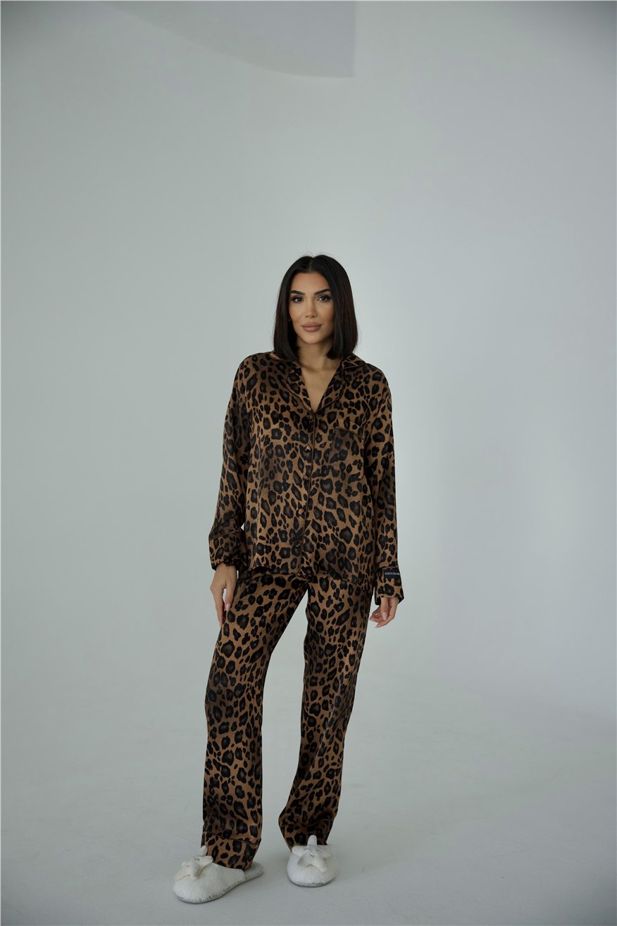 Fascino Del Leopardo Floş Saten Uzun Pijama Takımı