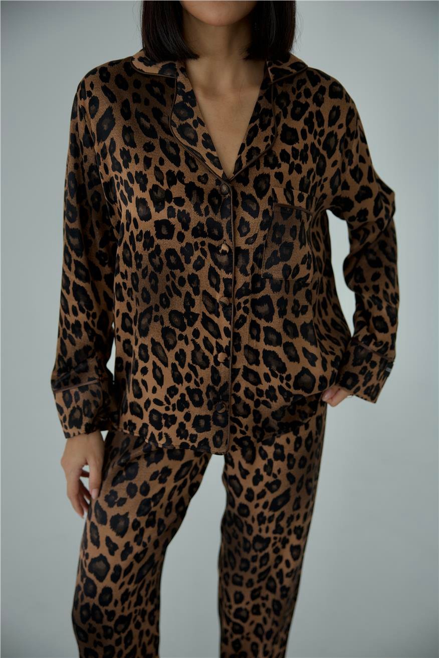 Fascino Del Leopardo Floş Saten Uzun Pijama Takımı