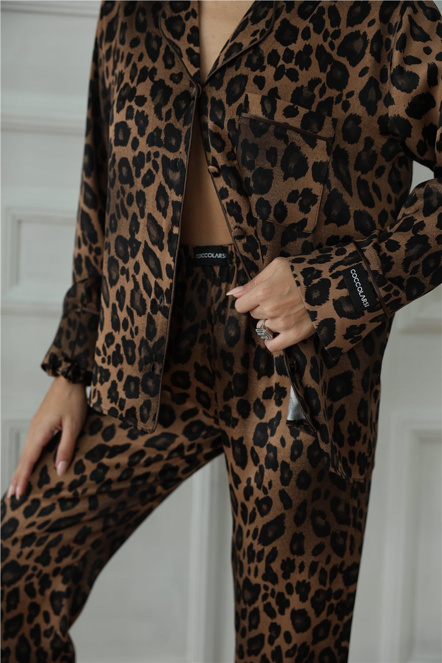 Fascino Del Leopardo Floş Saten Uzun Pijama Takımı