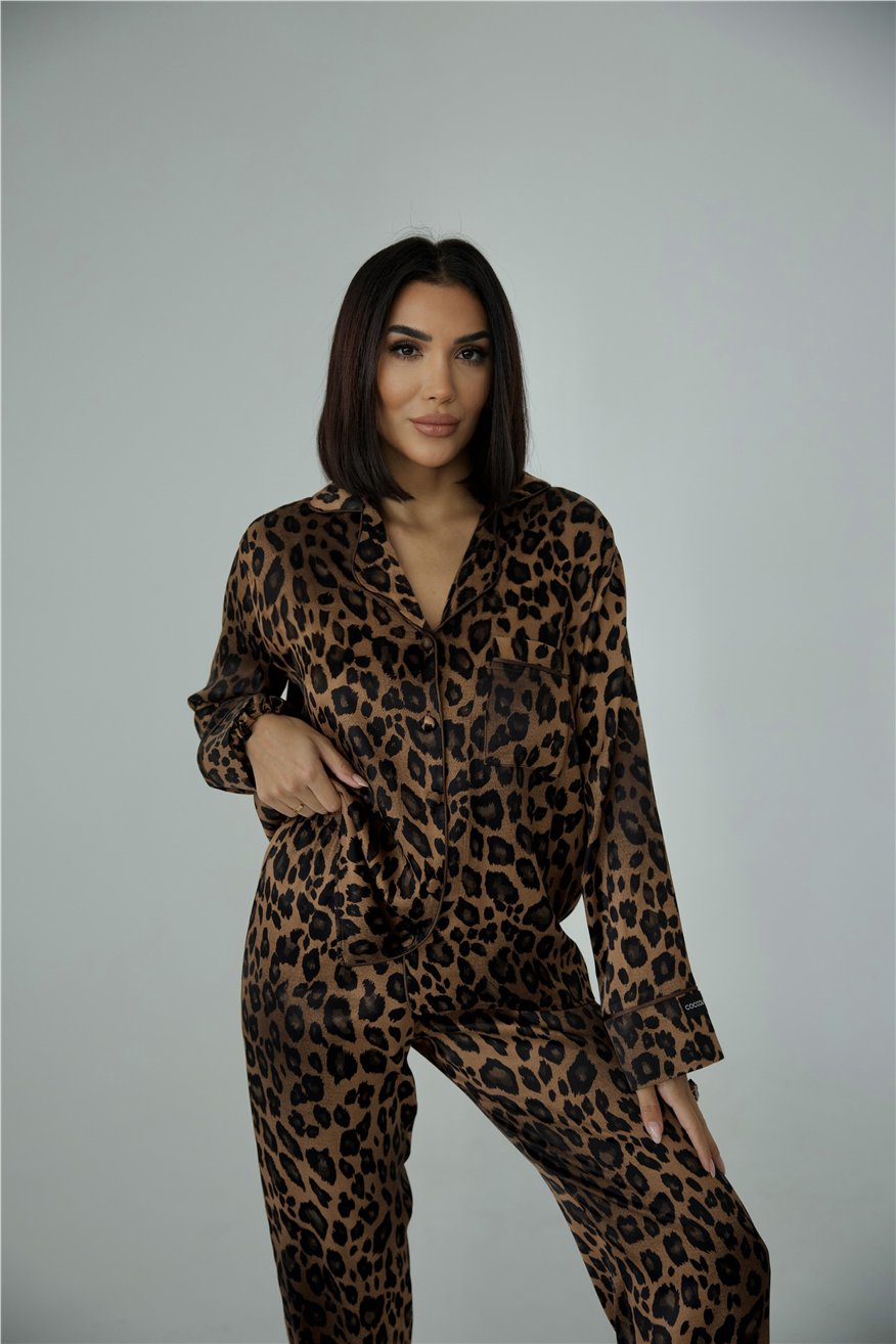 Fascino Del Leopardo Floş Saten Uzun Pijama Takımı