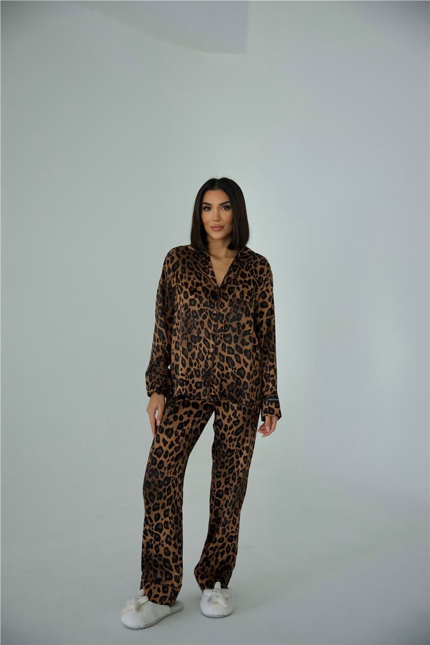 Fascino Del Leopardo Floş Saten Uzun Pijama Takımı