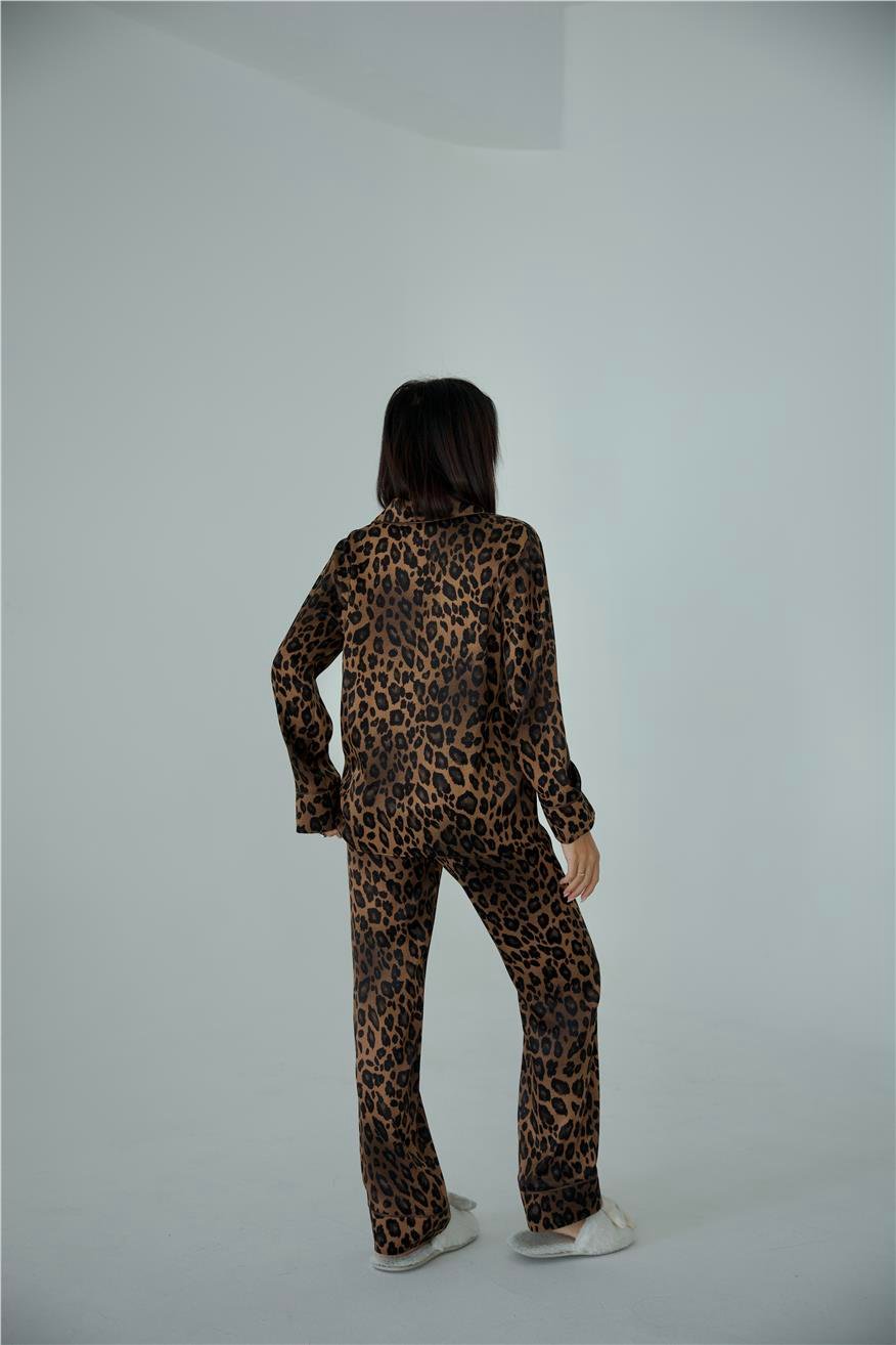 Fascino Del Leopardo Floş Saten Uzun Pijama Takımı