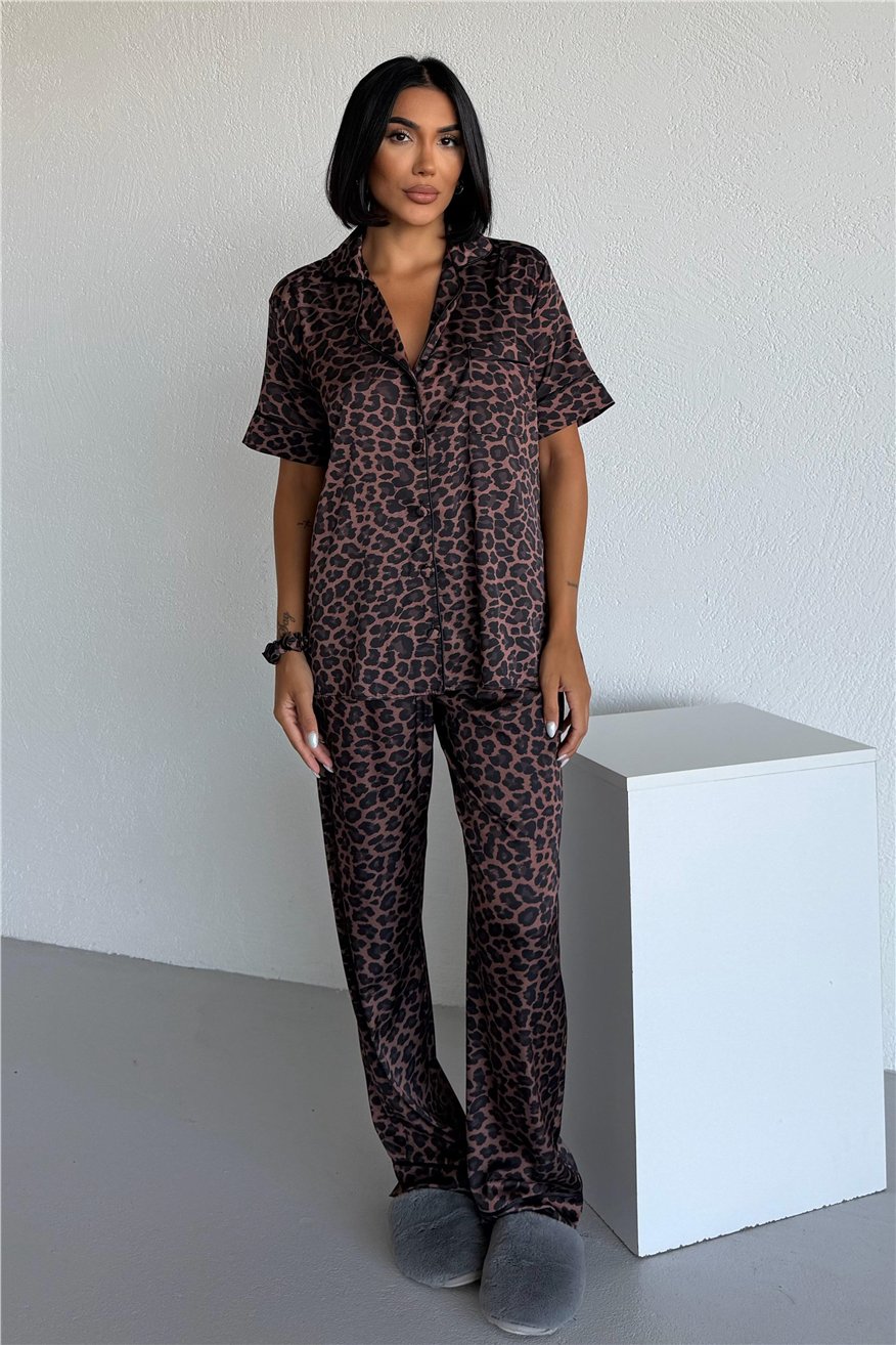 Fascino Del Leopardo Saten Kısa Kol Pantolon Pijama Takımı CDM1510