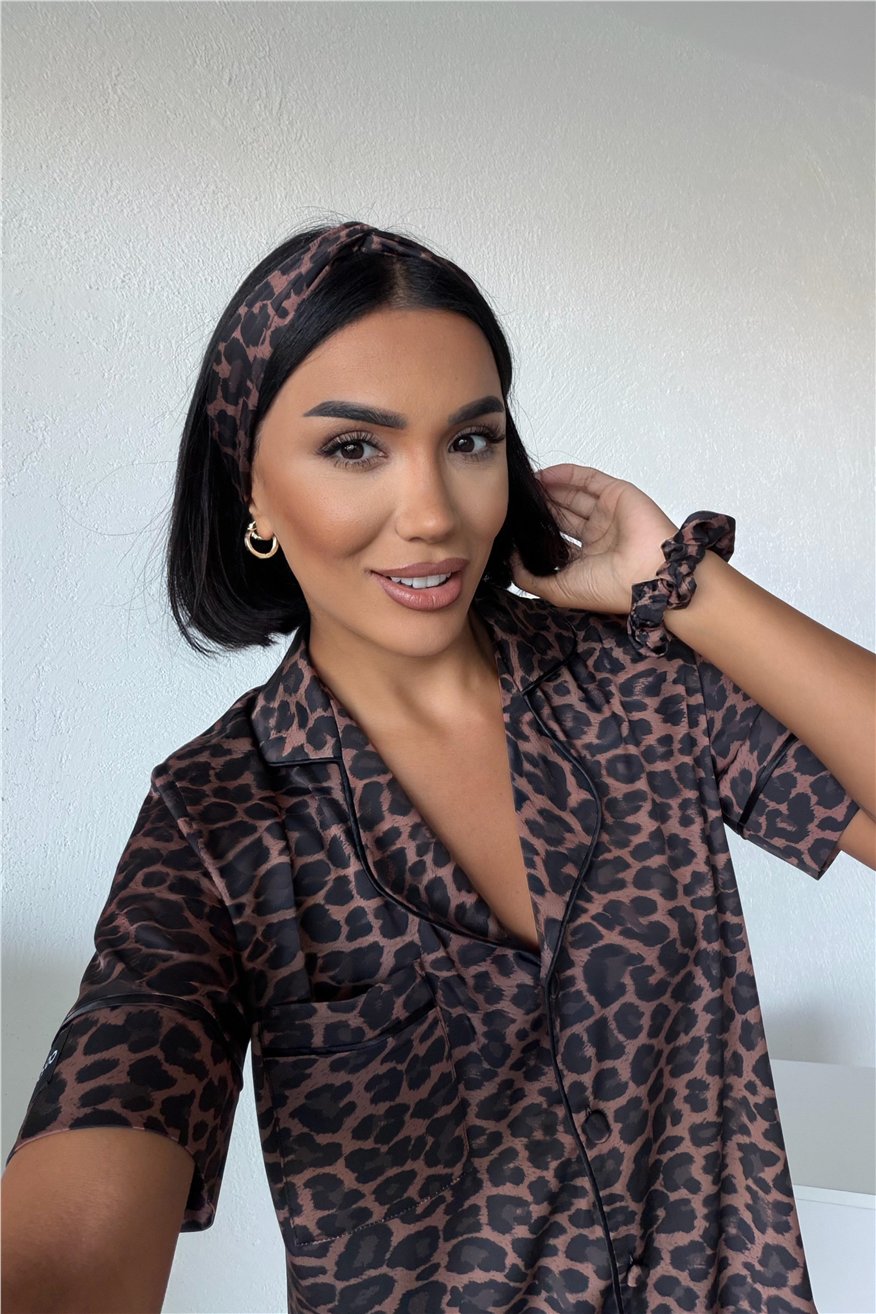 Fascino Del Leopardo Saten Kısa Kol Pantolon Pijama Takımı CDM1510