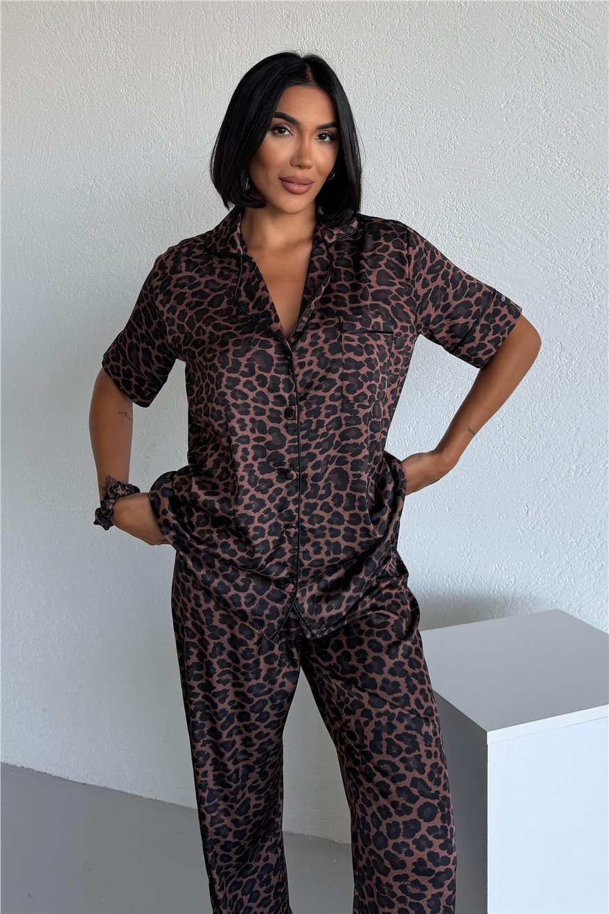 Fascino Del Leopardo Saten Kısa Kol Pantolon Pijama Takımı CDM1510