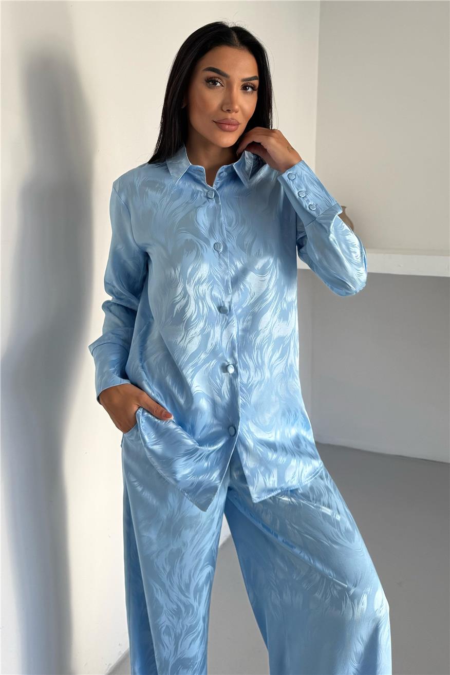 Fiamma Segreta Bebe Mavisi Jakarlı Saten Uzun Pijama Takımı