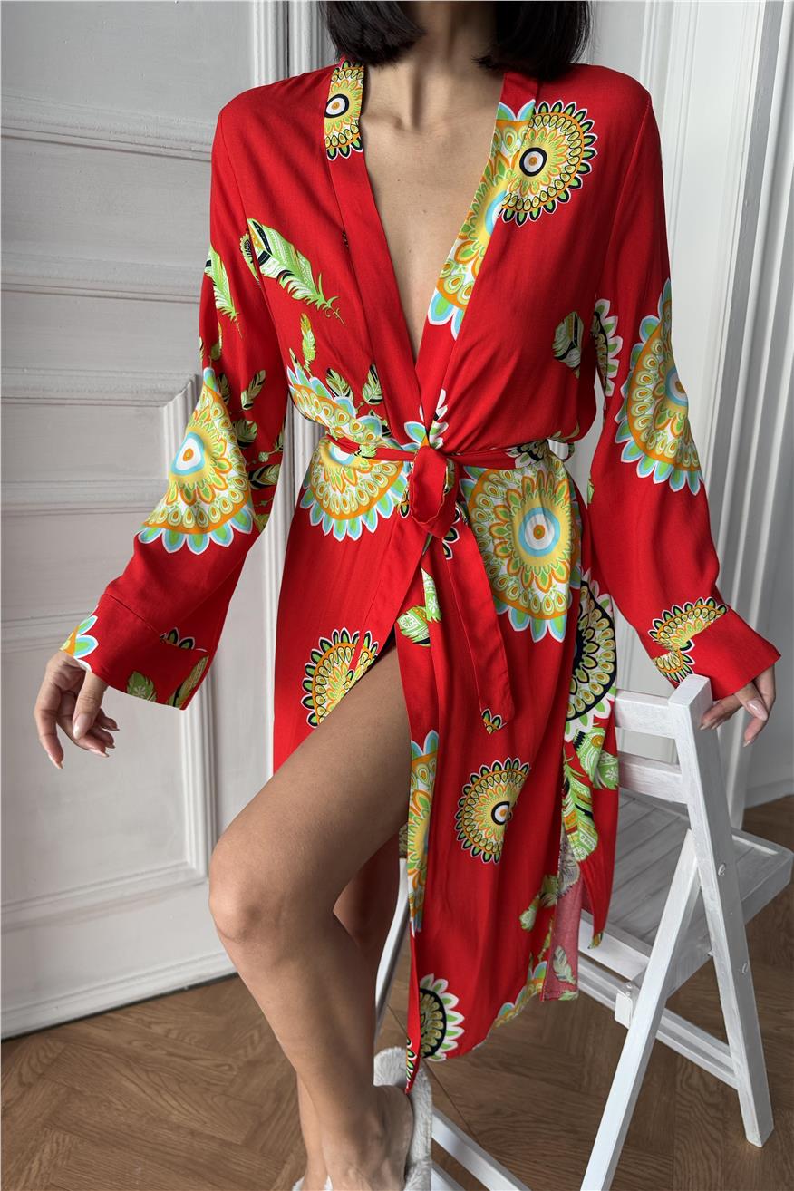 Fiori Come il Sole Kırmızı Viskon Kimono/Sabahlık