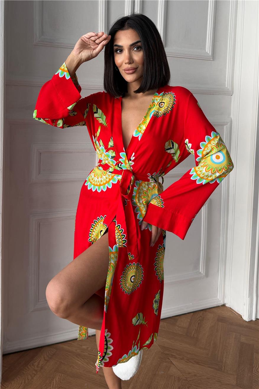 Fiori Come il Sole Kırmızı Viskon Kimono/Sabahlık