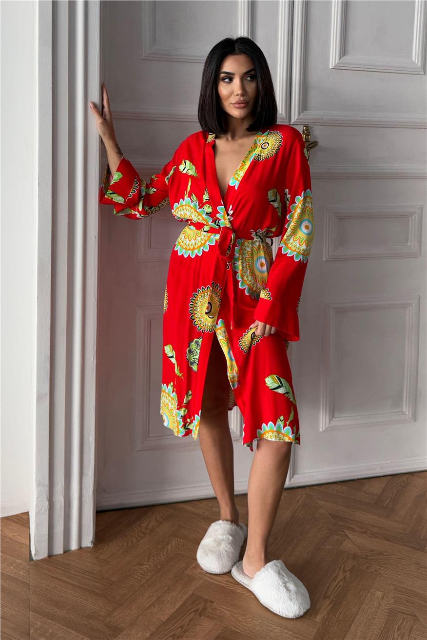 Fiori Come il Sole Kırmızı Viskon Kimono/Sabahlık