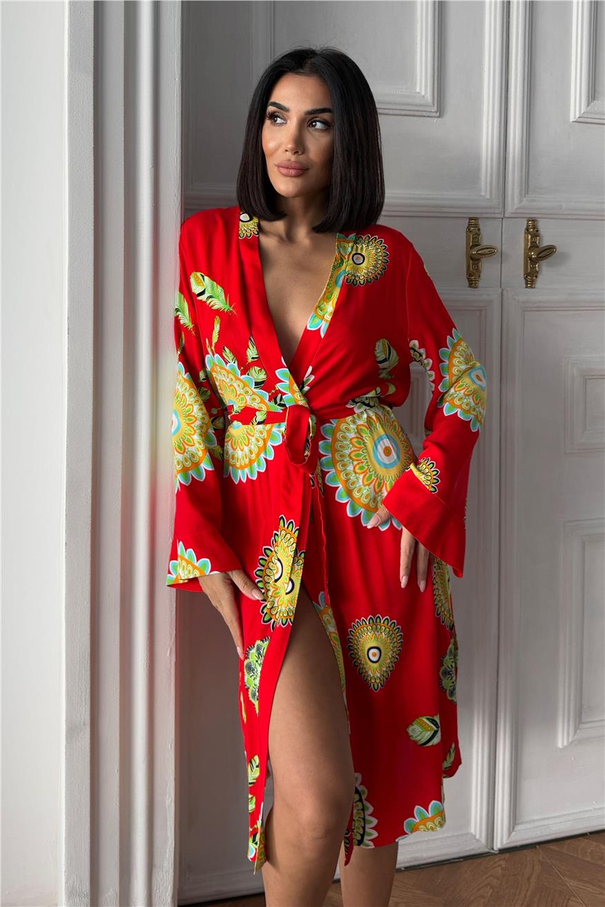 Fiori Come il Sole Kırmızı Viskon Kimono/Sabahlık
