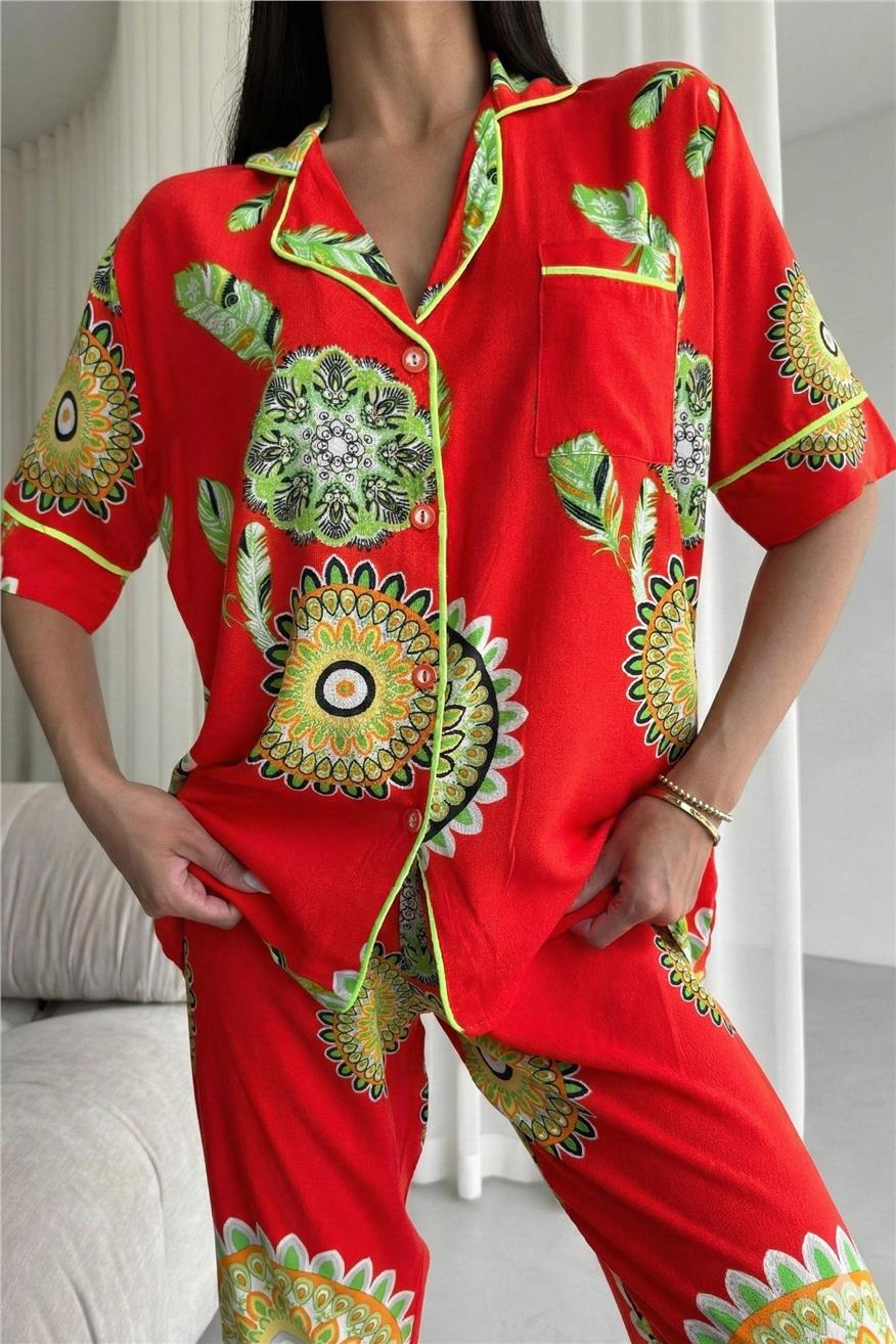 Fiori Come il Sole Kırmızı Viskon Kısa Kol Pantolon Pijama Takımı