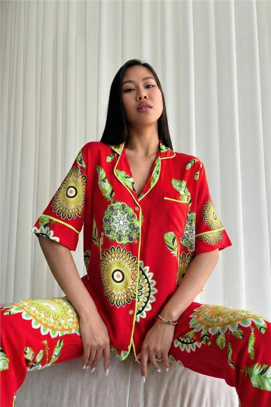Fiori Come il Sole Kırmızı Viskon Kısa Kol Pantolon Pijama Takımı